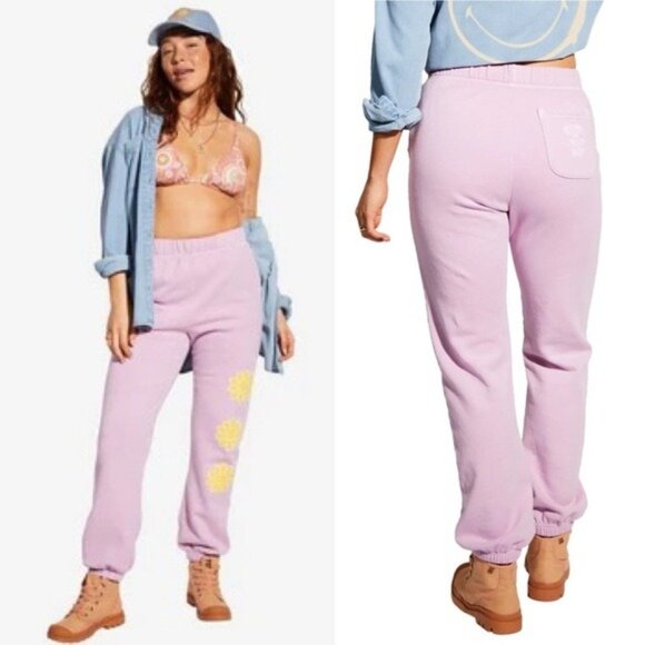 Billabong x SMILEY Happy Saturday Sweatpants XS Pink Track Jogger Fleece Tapered - Picture 1 of 14